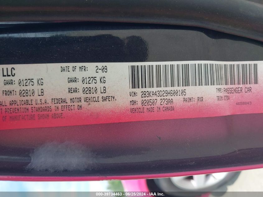 2009 Dodge Charger Se VIN: 2B3KA43D29H600105 Lot: 39734463