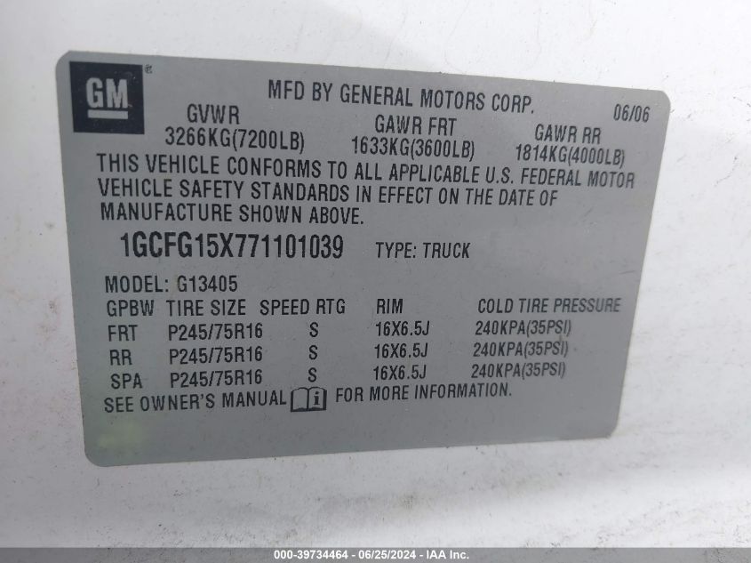 2007 Chevrolet Express Work Van VIN: 1GCFG15X771101039 Lot: 39734464