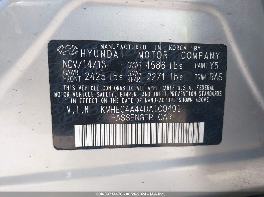 2013 Hyundai Sonata Hybrid Limited VIN: KMHEC4A44DA100491 Lot: 39734470