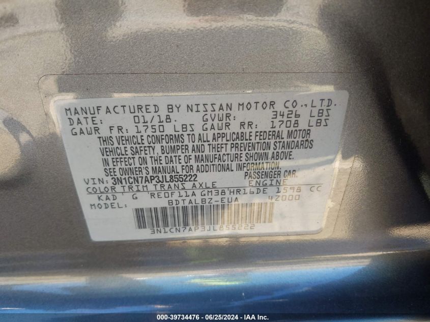 3N1CN7AP3JL855222 2018 Nissan Versa 1.6 Sv