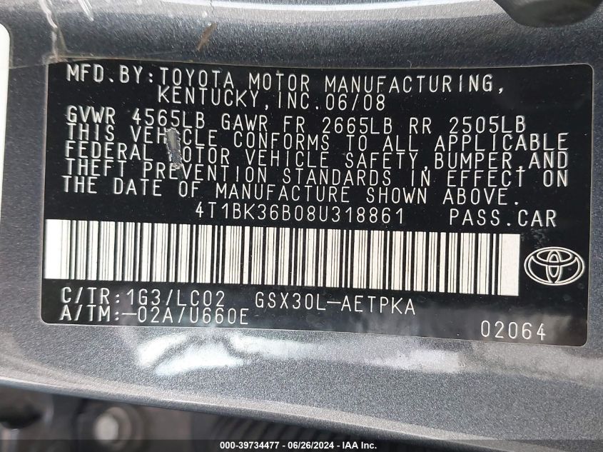 2008 Toyota Avalon Xl/Xls/Touring/Limited VIN: 4T1BK36B08U318861 Lot: 39734477