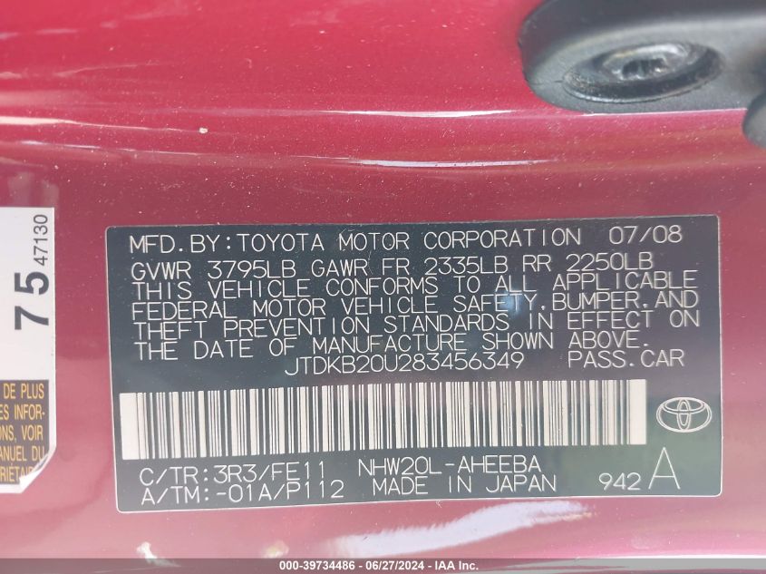 2008 Toyota Prius VIN: JTDKB20U283456349 Lot: 39734486
