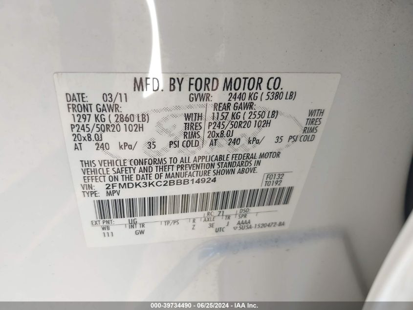 2011 Ford Edge Limited VIN: 2FMDK3KC2BBB14924 Lot: 39734490