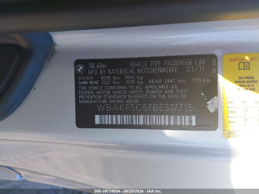 2011 BMW 328I Xi Sulev VIN: WBAKF5C57BE517715 Lot: 39734524