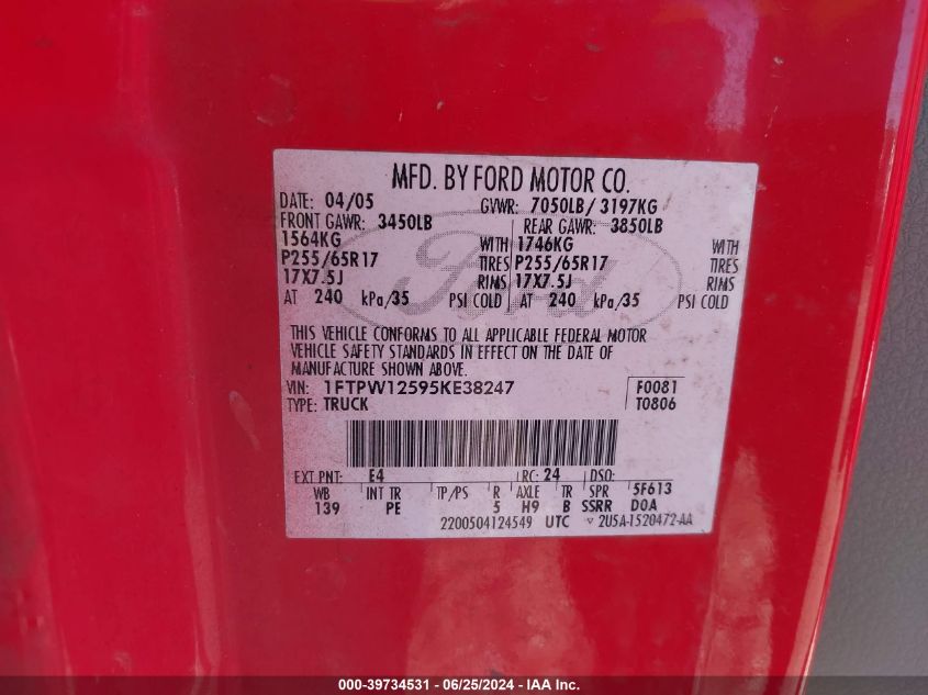 2005 Ford F-150 Lariat/Xlt VIN: 1FTPW12595KE38247 Lot: 39734531