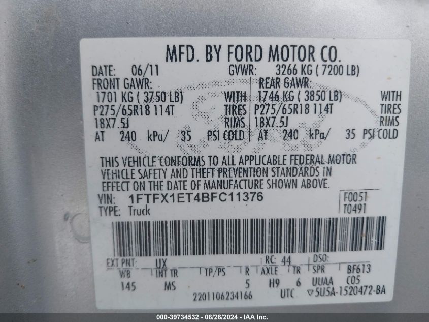 1FTFX1ET4BFC11376 | 2011 FORD F-150