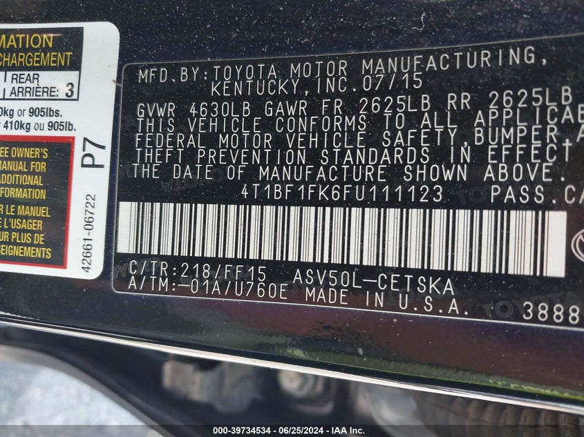 2015 Toyota Camry Le/Xle/Se/Xse VIN: 4T1BF1FK6FU111123 Lot: 39734534