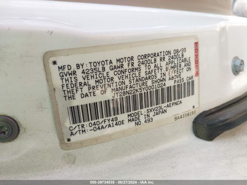 2000 Toyota Camry Le VIN: JT2BN22K5Y0001024 Lot: 39734535