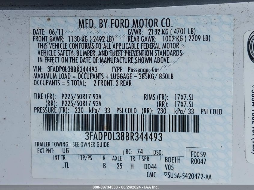2011 Ford Fusion Hybrid VIN: 3FADP0L38BR344493 Lot: 39734538