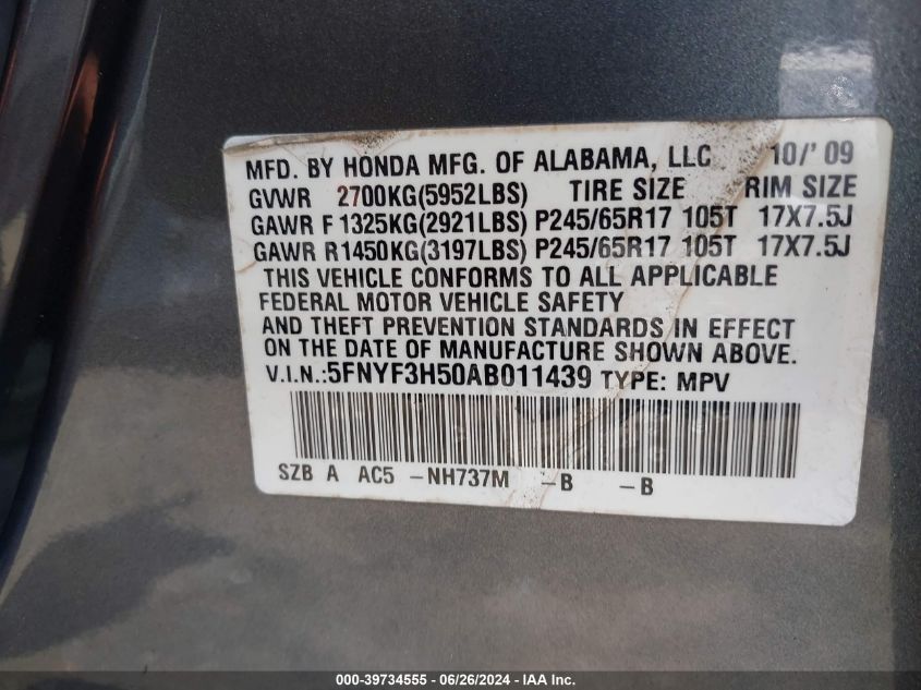2010 Honda Pilot Ex-L VIN: 5FNYF3H50AB011439 Lot: 39734555