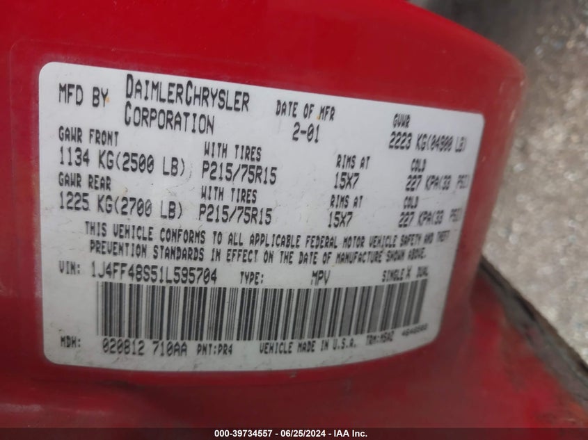 2001 Jeep Cherokee Sport VIN: 1J4FF48S51L595704 Lot: 39734557