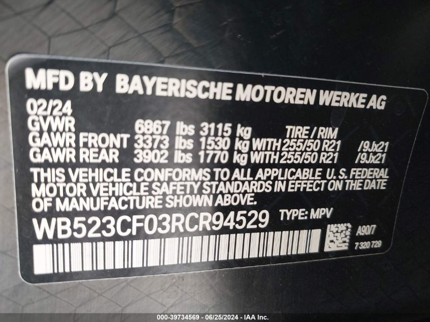 2024 BMW Ix xDrive50 VIN: WB523CF03RCR94529 Lot: 39734569