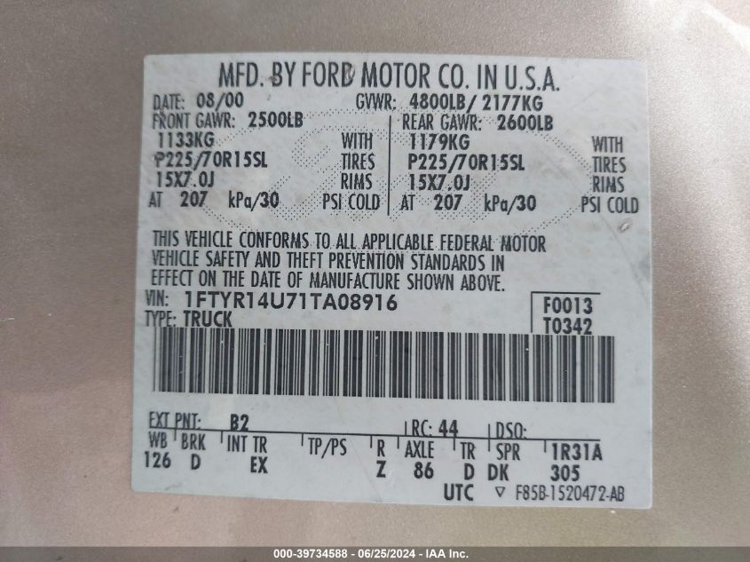 2001 Ford Ranger Edge/Xl/Xlt VIN: 1FTYR14U71TA08916 Lot: 39734588