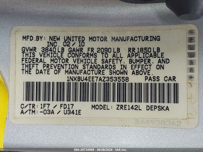 2010 Toyota Corolla S VIN: 1NXBU4EE7AZ353558 Lot: 39734589