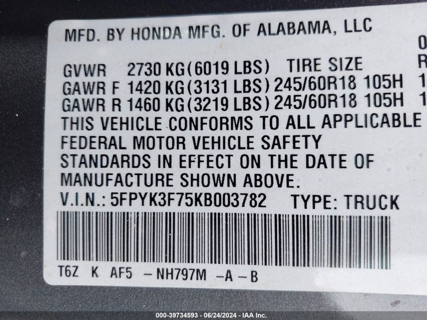 2019 Honda Ridgeline Rtl-E VIN: 5FPYK3F75KB003782 Lot: 39734593