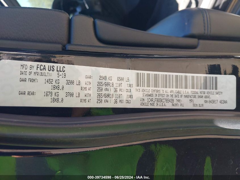 2019 Jeep Grand Cherokee Limited 4X4 VIN: 1C4RJFBG5KC785439 Lot: 39734598