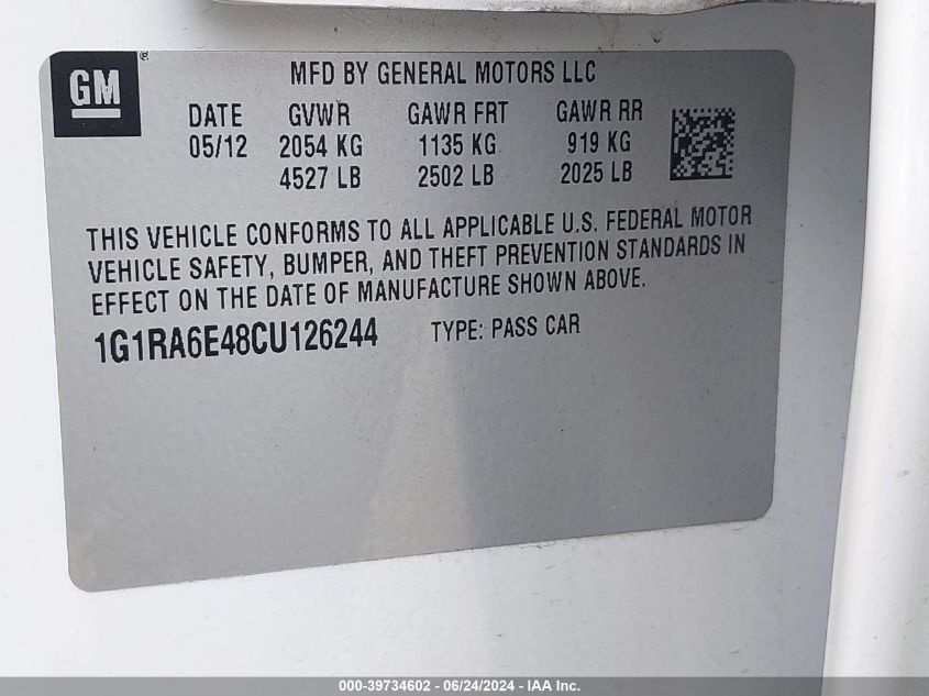 2012 Chevrolet Volt VIN: 1G1RA6E48CU126244 Lot: 39734602