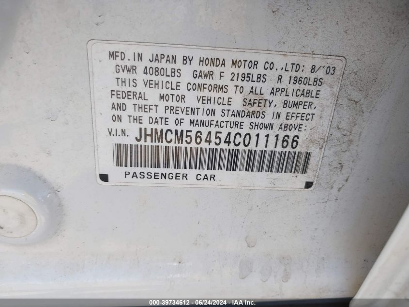 2004 Honda Accord 2.4 Lx VIN: JHMCM56454C011166 Lot: 39734612