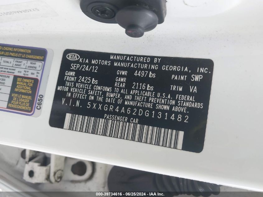 2013 Kia Optima Sx VIN: 5XXGR4A62DG131482 Lot: 39734616