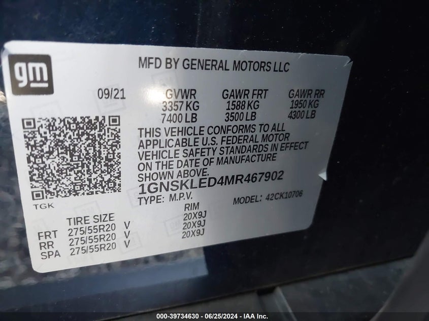 2021 Chevrolet Tahoe 4Wd Commercial Fleet VIN: 1GNSKLED4MR467902 Lot: 39734630