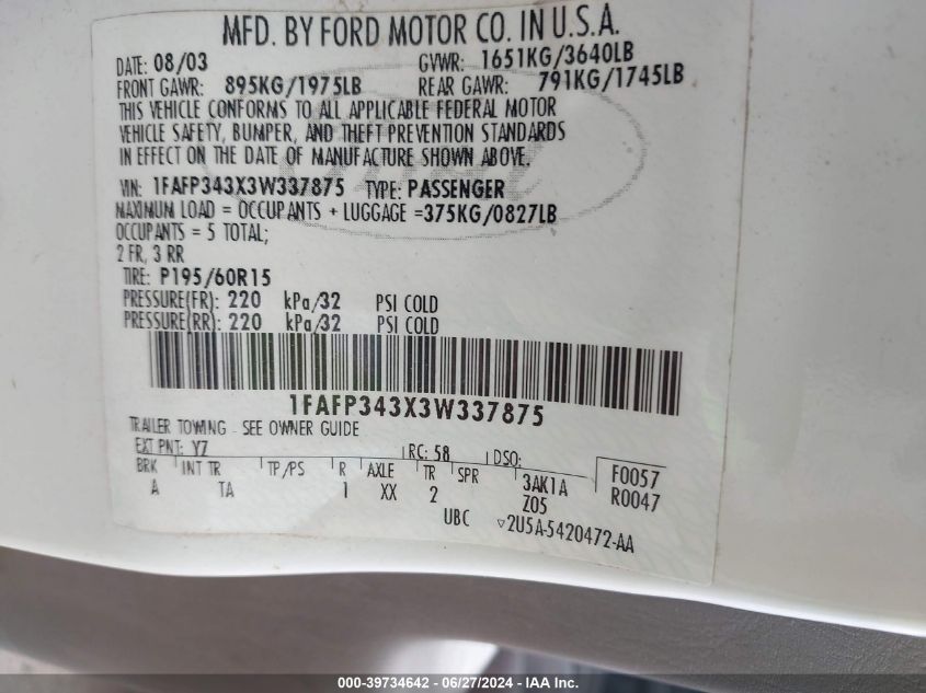 2003 Ford Focus Se Comfort/Se Sport VIN: 1FAFP343X3W337875 Lot: 39734642