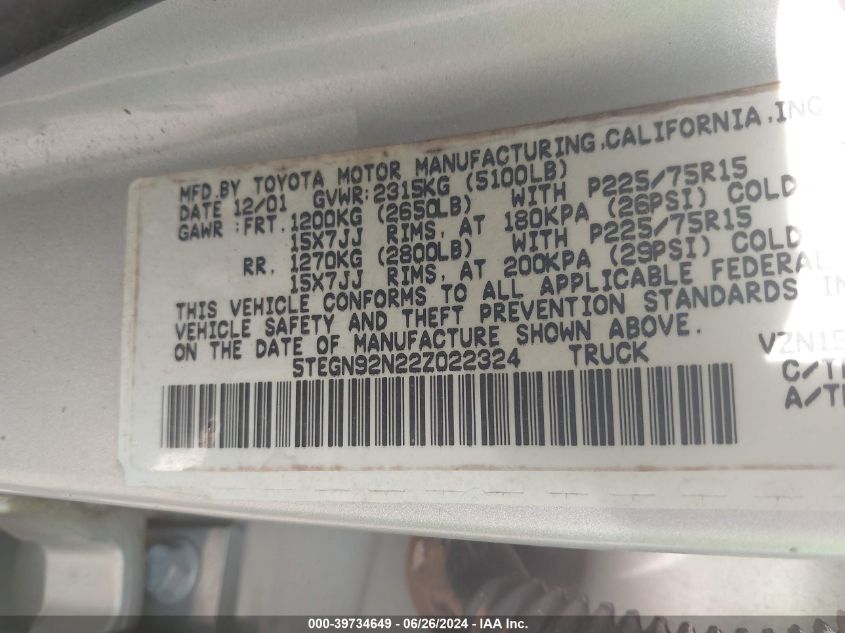 2002 Toyota Tacoma Prerunner V6 VIN: 5TEGN92N22Z022324 Lot: 39734649