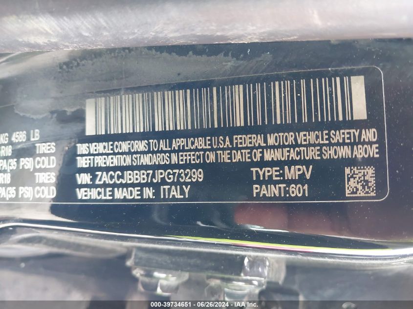 2018 Jeep Renegade Latitude VIN: ZACCJBBB7JPG73299 Lot: 39734651