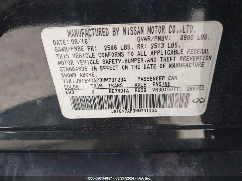 2017 Infiniti Q50 3.0T Premium VIN: JN1EV7AP3HM731234 Lot: 39734657