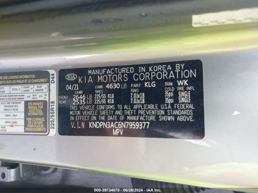 2022 Kia Sportage Ex VIN: KNDPN3AC6N7959377 Lot: 39734670