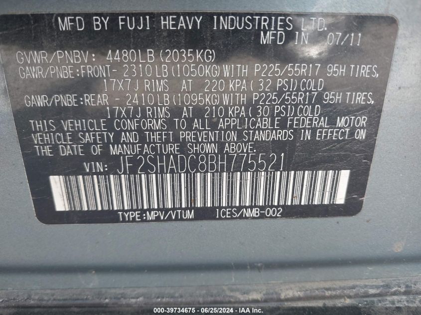 2011 Subaru Forester 2.5X Premium VIN: JF2SHADC8BH775521 Lot: 39734675