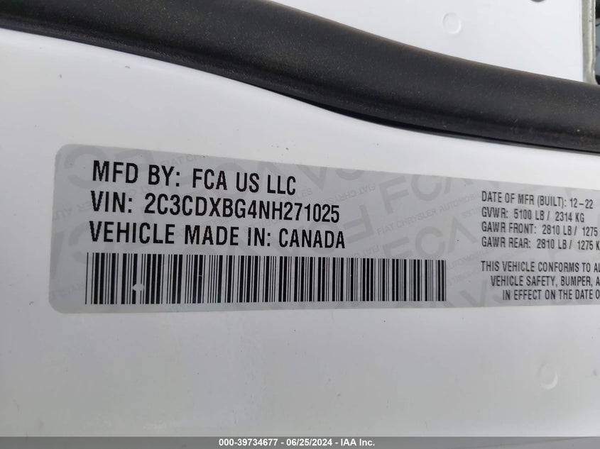 2022 Dodge Charger Sxt VIN: 2C3CDXBG4NH271025 Lot: 39734677