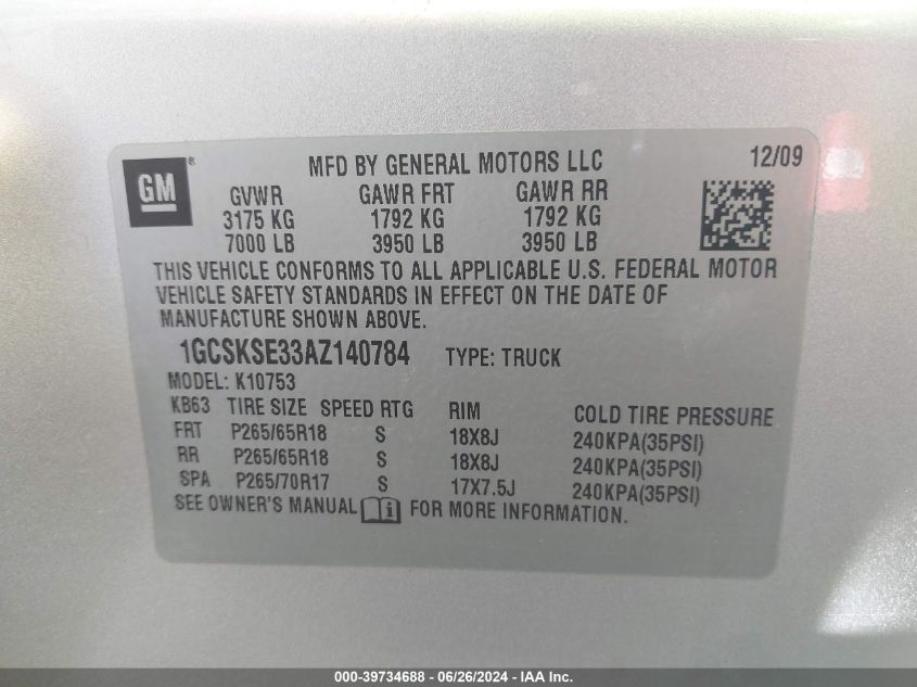 2010 Chevrolet Silverado 1500 Lt VIN: 1GCSKSE33AZ140784 Lot: 39734688