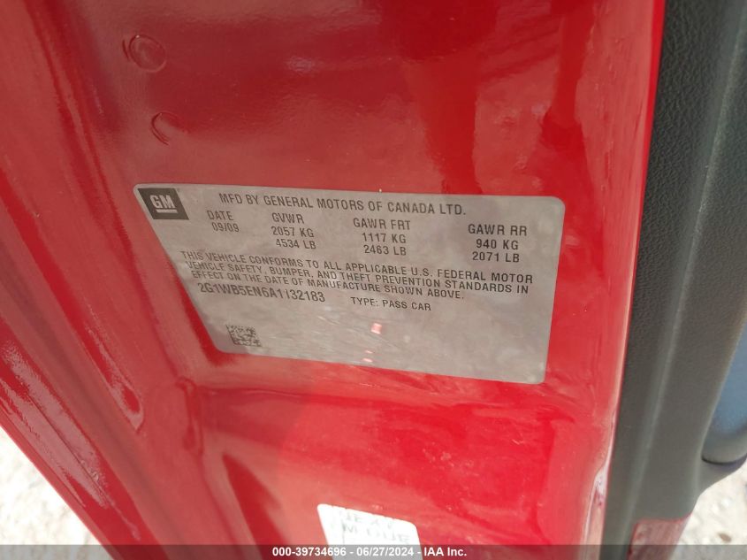 2010 Chevrolet Impala Lt VIN: 2G1WB5EN6A1132183 Lot: 39734696