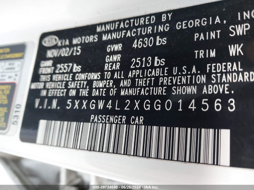 2016 Kia Optima Sx VIN: 5XXGW4L2XGG014563 Lot: 39734698