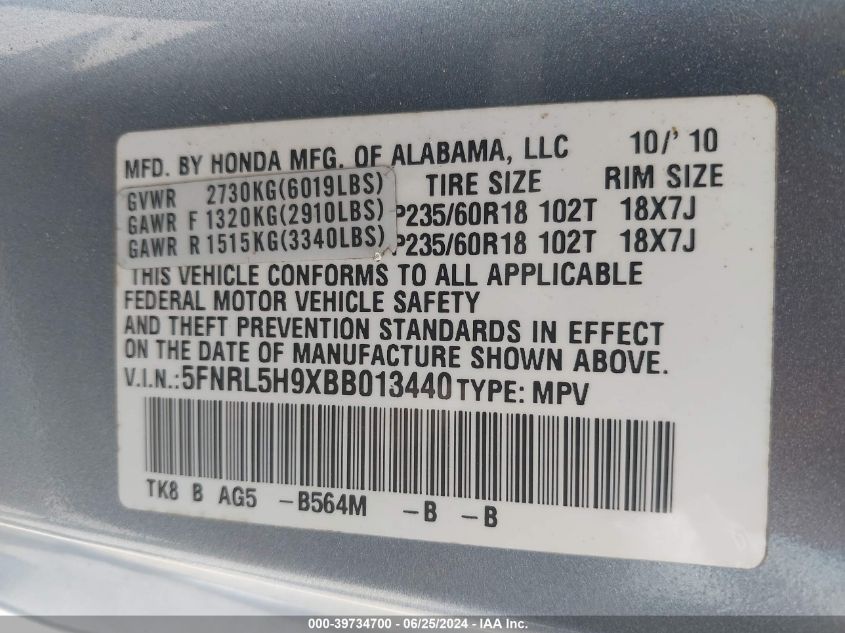 2011 Honda Odyssey Touring/Touring Elite VIN: 5FNRL5H9XBB013440 Lot: 39734700