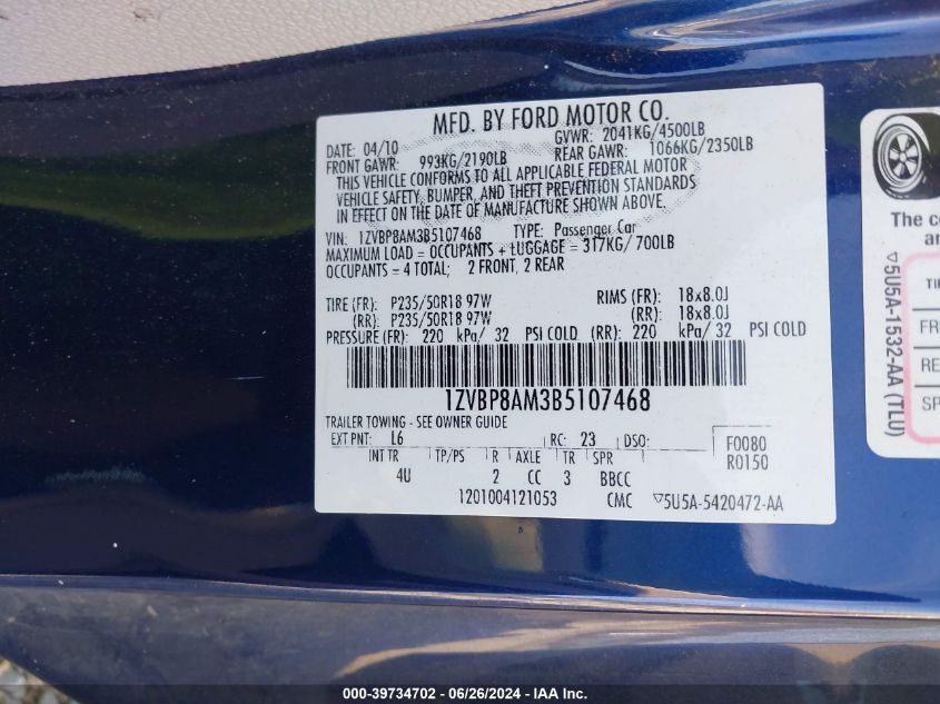 2011 Ford Mustang V6 Premium VIN: 1ZVBP8AM3B5107468 Lot: 39734702