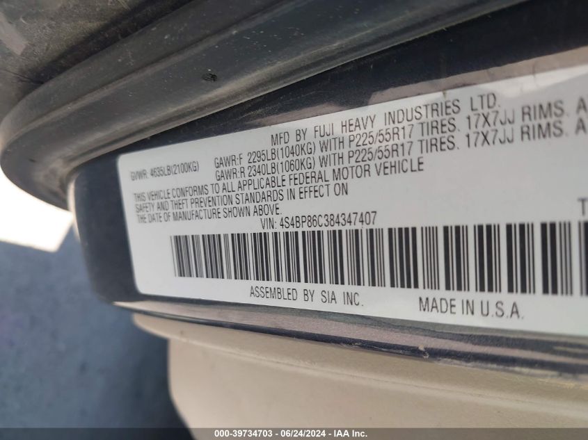 2008 Subaru Outback 3.0R L.l. Bean Edition VIN: 4S4BP86C384347407 Lot: 39734703