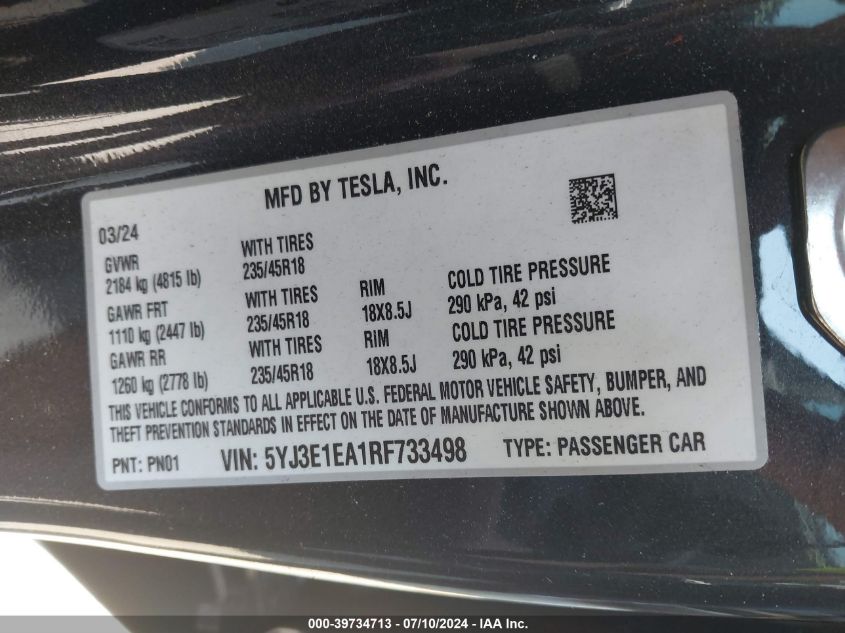 5YJ3E1EA1RF733498 2024 Tesla Model 3 Rear-Wheel Drive