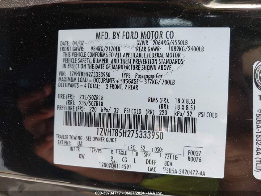 2007 Ford Mustang Gt VIN: 1ZVHT85H275333950 Lot: 39734717