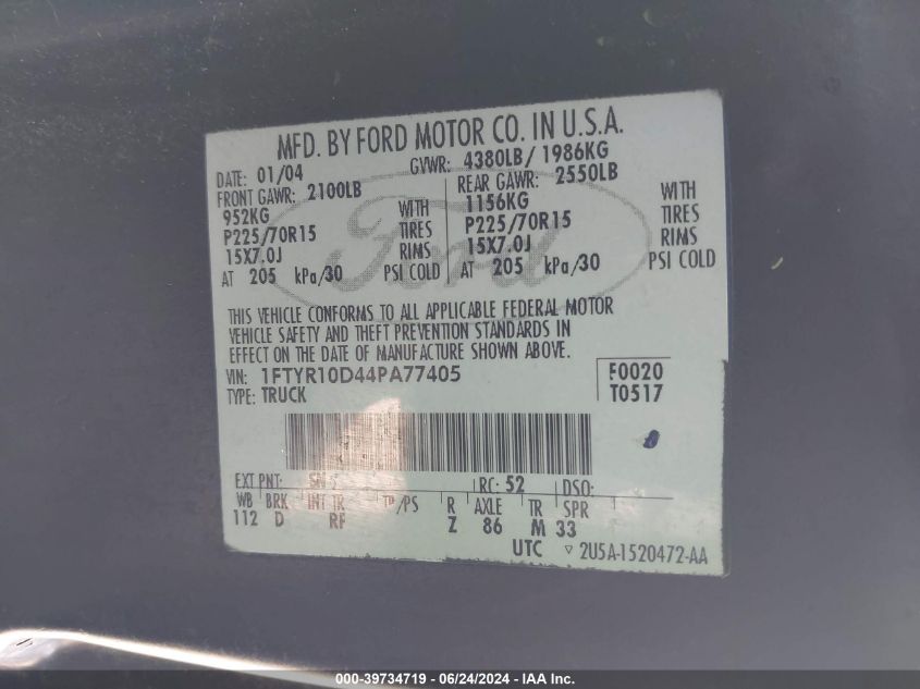 2004 Ford Ranger Xl/Xlt VIN: 1FTYR10D44PA77405 Lot: 39734719