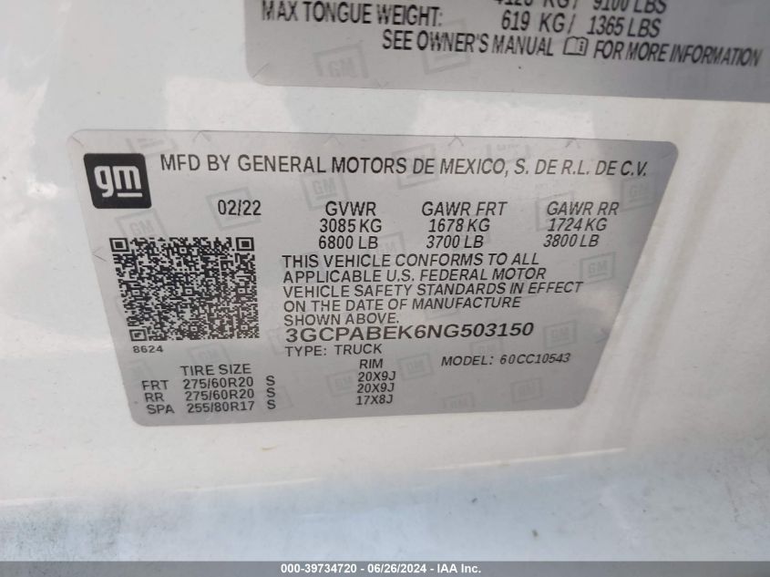 2022 Chevrolet Silverado C1500 Custom VIN: 3GCPABEK6NG503150 Lot: 39734720