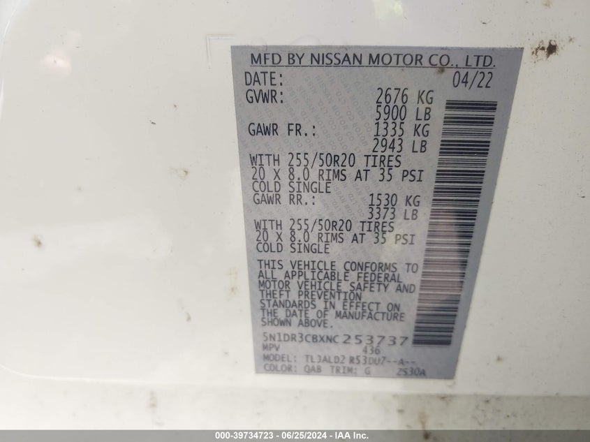 2022 Nissan Pathfinder Sl VIN: 5N1DR3CBXNC253737 Lot: 39734723