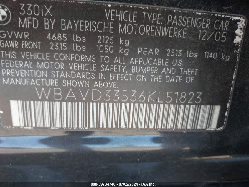 2006 BMW 330Xi VIN: WBAVD33536KL51823 Lot: 39734748