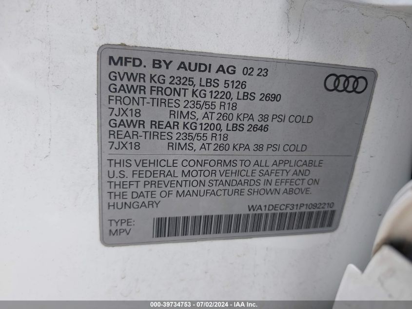 2023 Audi Q3 Premium 45 Tfsi S Line Quattro Tiptronic VIN: WA1DECF31P1092210 Lot: 39734753