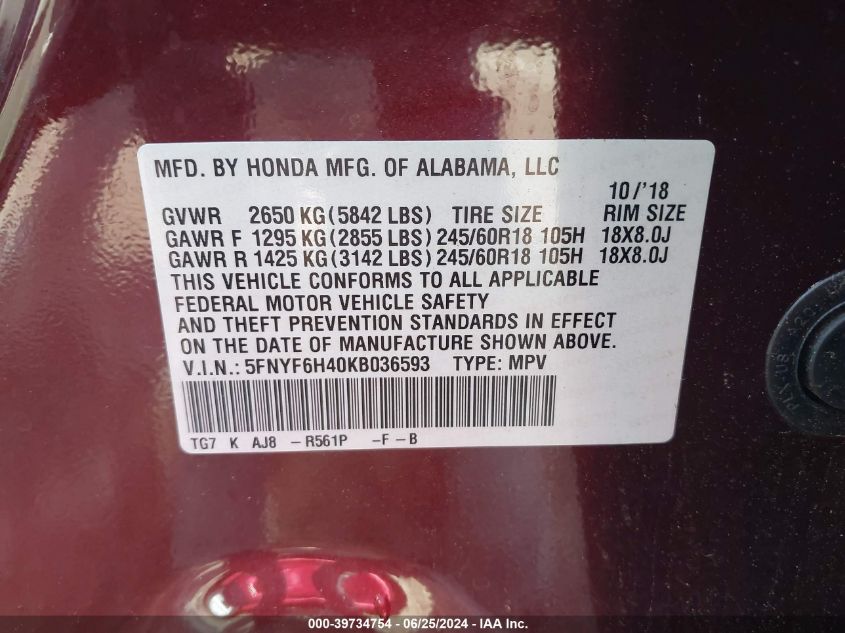 2019 Honda Pilot Ex-L VIN: 5FNYF6H40KB036593 Lot: 39734754