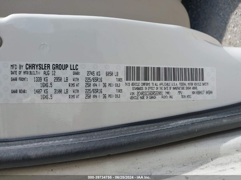 2013 Dodge Grand Caravan Sxt VIN: 2C4RDGCG6DR522091 Lot: 39734755