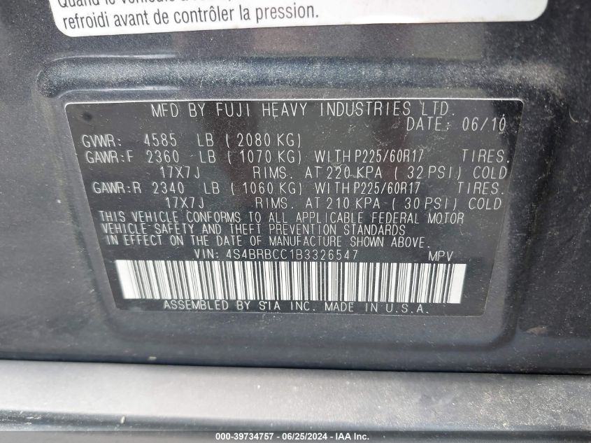 2011 Subaru Outback 2.5I Premium VIN: 4S4BRBCC1B3326547 Lot: 39734757