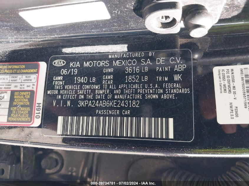 2019 Kia Rio Lx VIN: 3KPA24AB6KE243182 Lot: 39734781