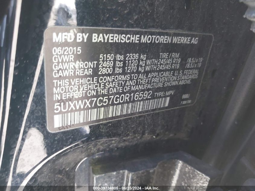 2016 BMW X3 xDrive35I VIN: 5UXWX7C57G0R16592 Lot: 39734805