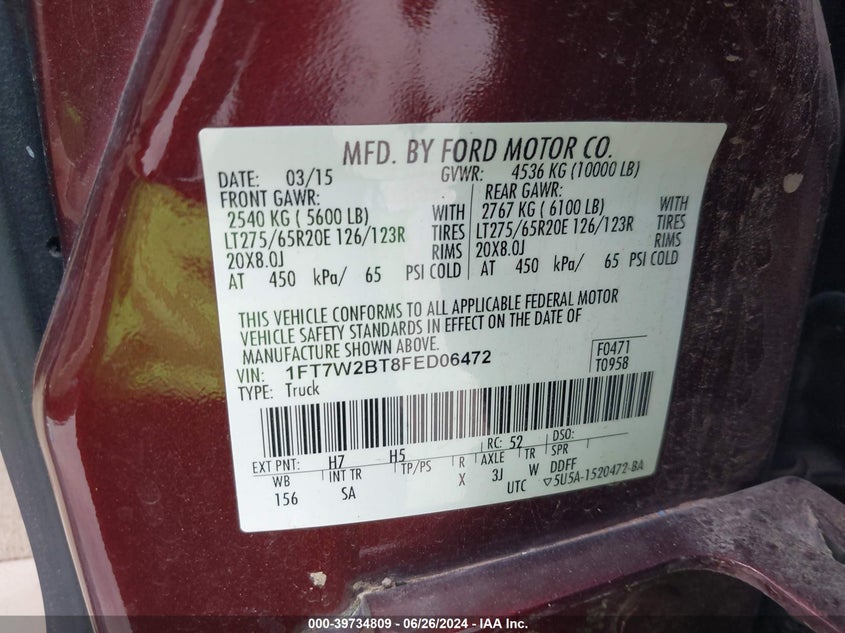 2015 Ford F-250 Lariat VIN: 1FT7W2BT8FED06472 Lot: 39734809
